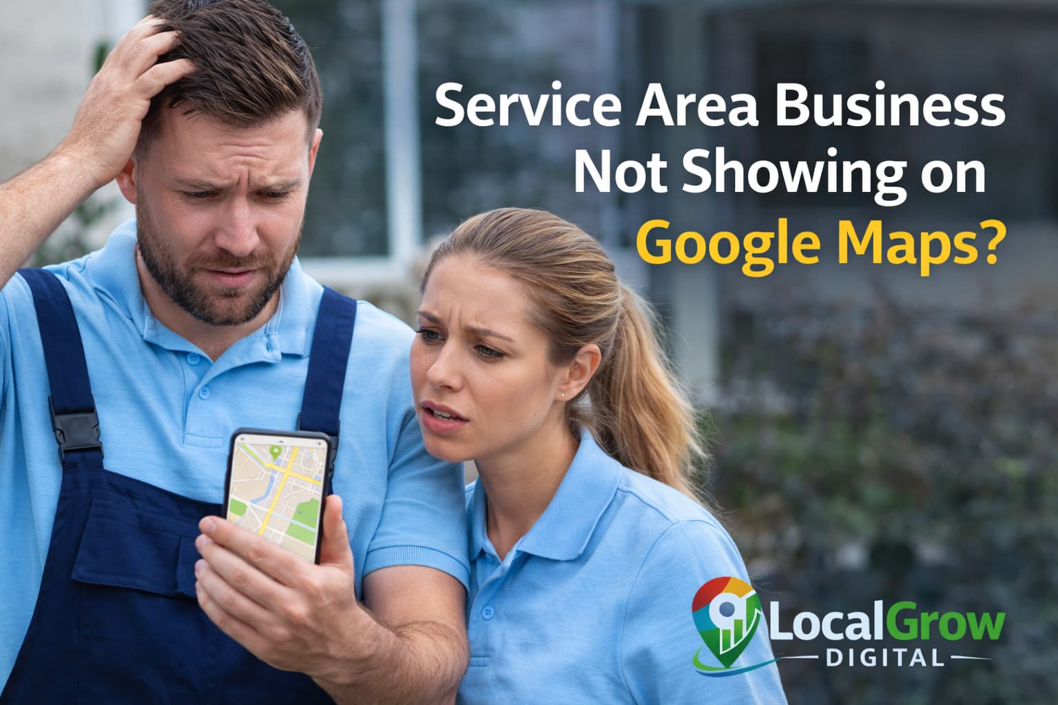 Service area business not showing on Google Maps with technician checking phone and no map pin visible