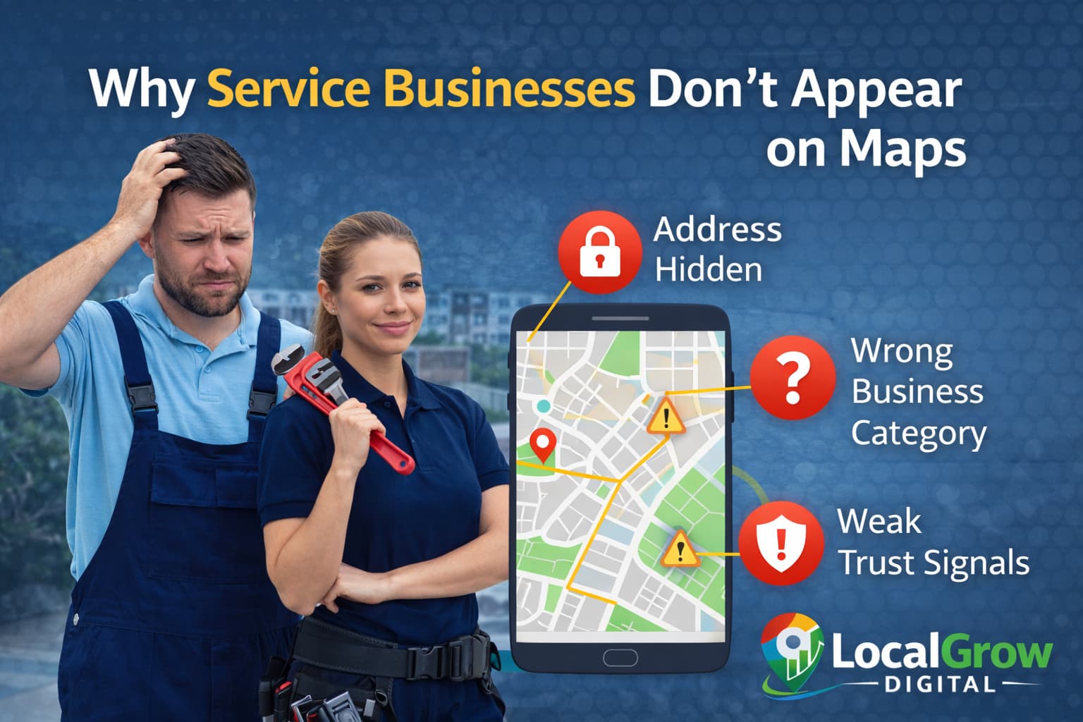 Hidden address and incorrect service area settings causing no visibility on Google Maps
