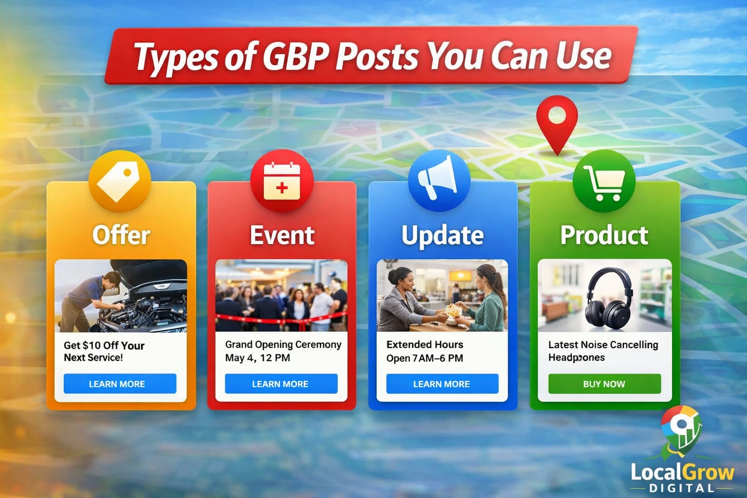 Types of Google Business Profile posts including offer event and update