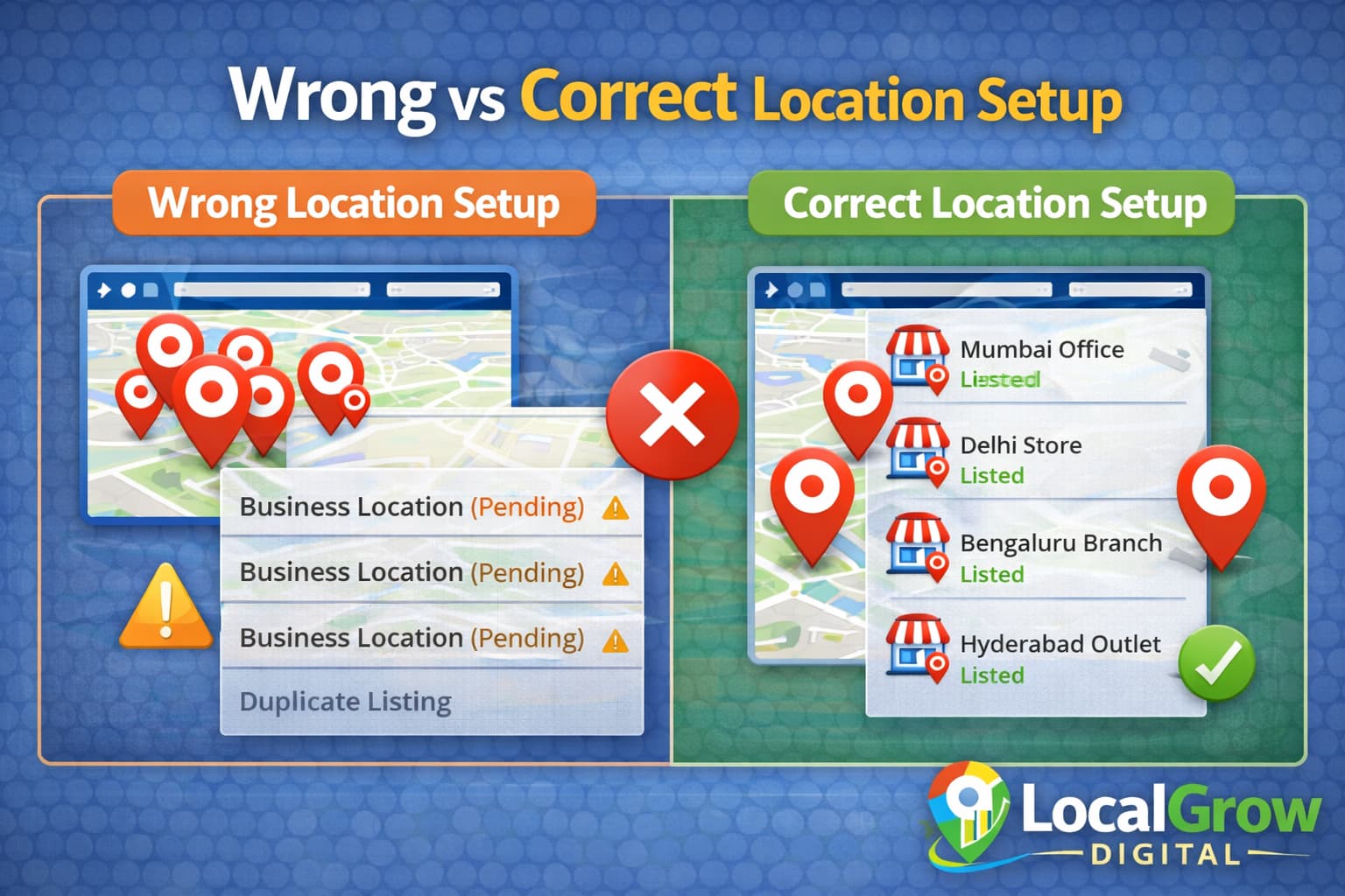 Wrong and correct ways to set up multiple business locations on Google Maps