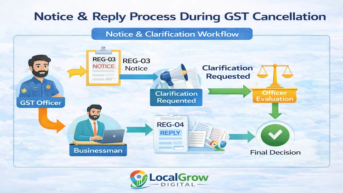 GST cancellation notice and clarification workflow including REG-17 query and officer approval process