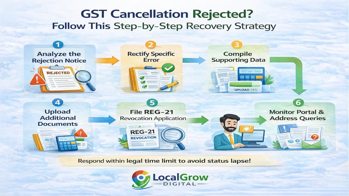 GST cancellation rejection recovery strategy flow showing step-by-step process including rejection notice analysis, error rectification, REG-21 revocation filing, document upload and officer query response workflow
