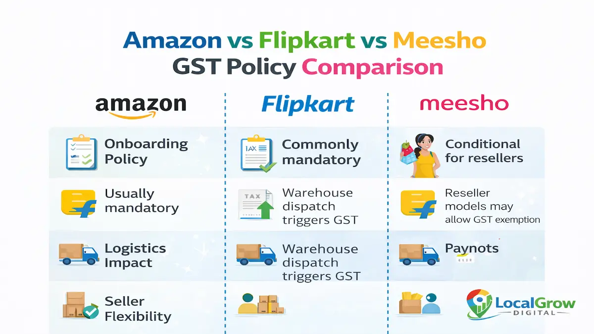 Marketplace GST policy comparison India Amazon Flipkart Meesho GST policy comparison infographic