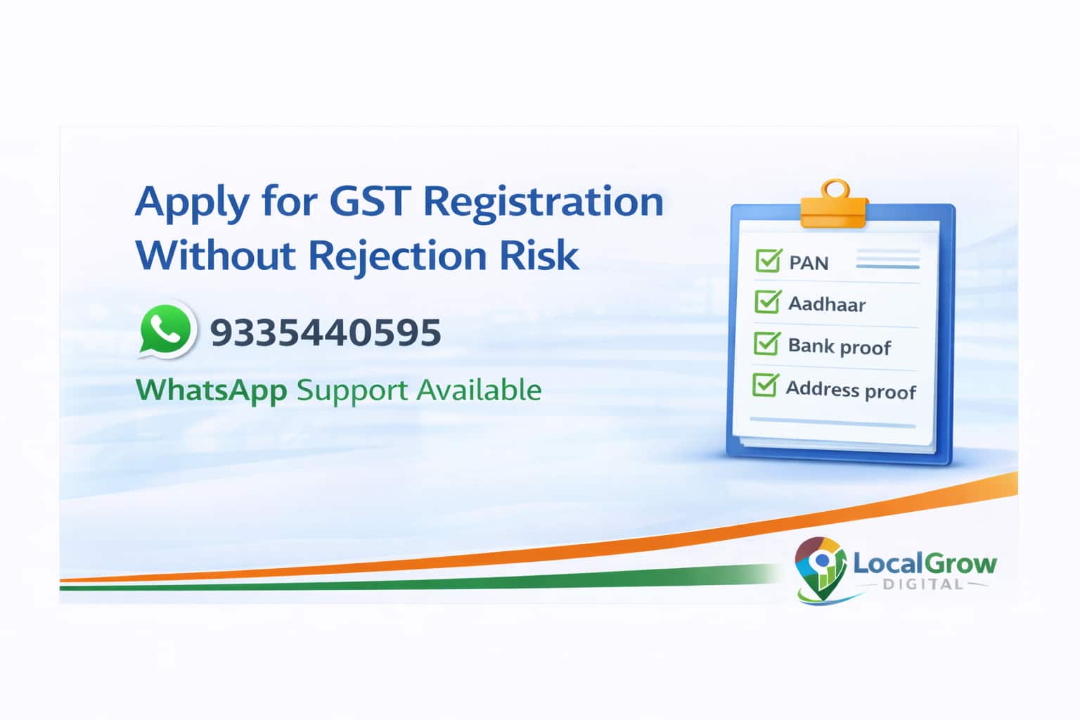 Apply for GST registration in India without rejection risk WhatsApp support 9335440595