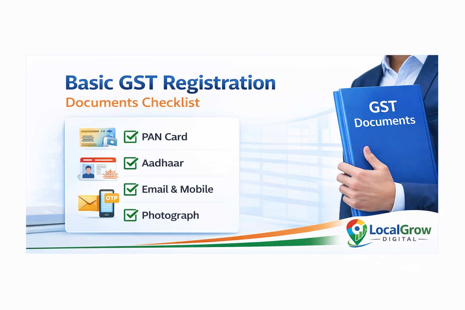 Basic documents required for GST registration in India such as PAN Aadhaar and photograph
