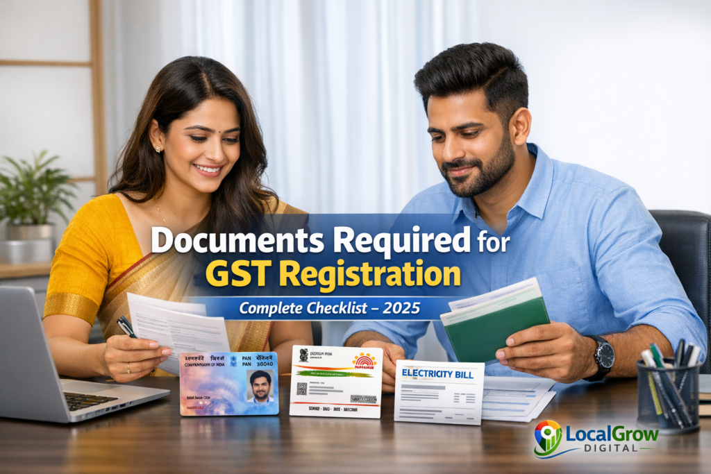 Documents required for GST registration in India including PAN, Aadhaar, bank proof and address proof checklist