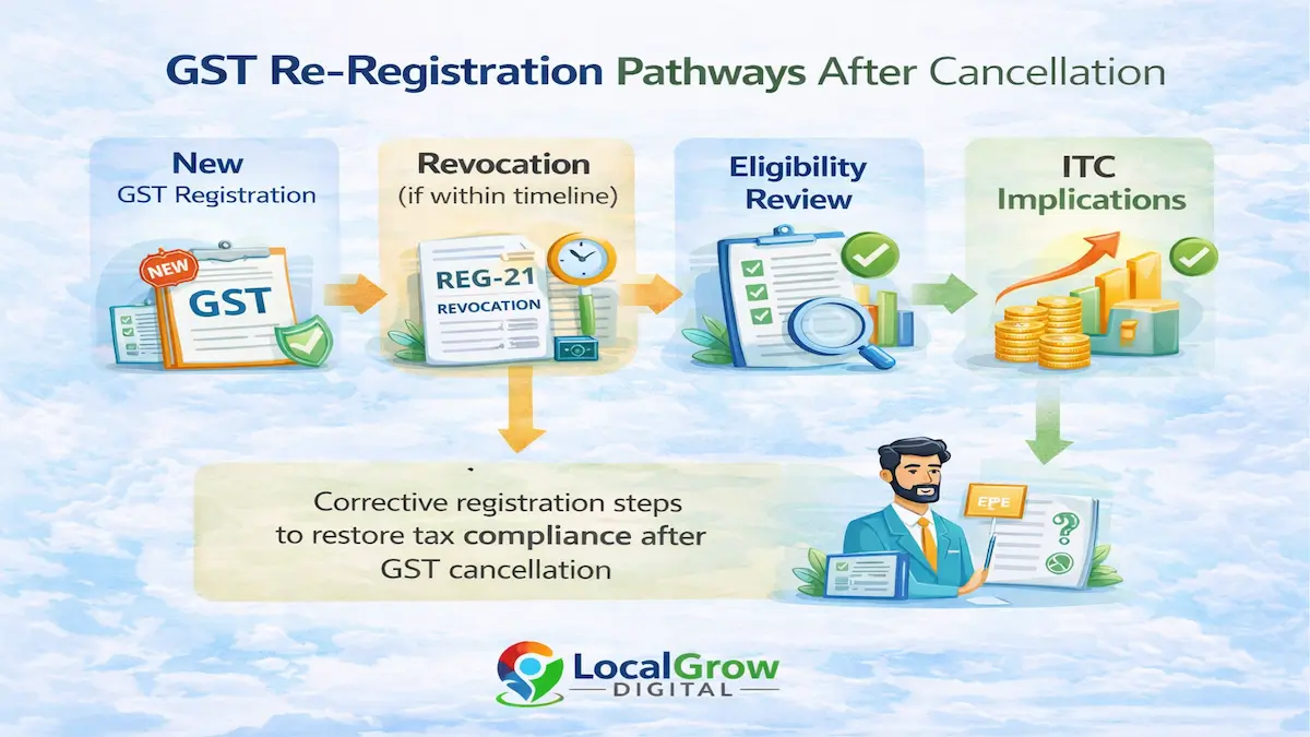 GST re-registration pathways after cancellation showing new GST registration, REG-21 revocation within timeline, eligibility review, officer scrutiny and ITC implications flow