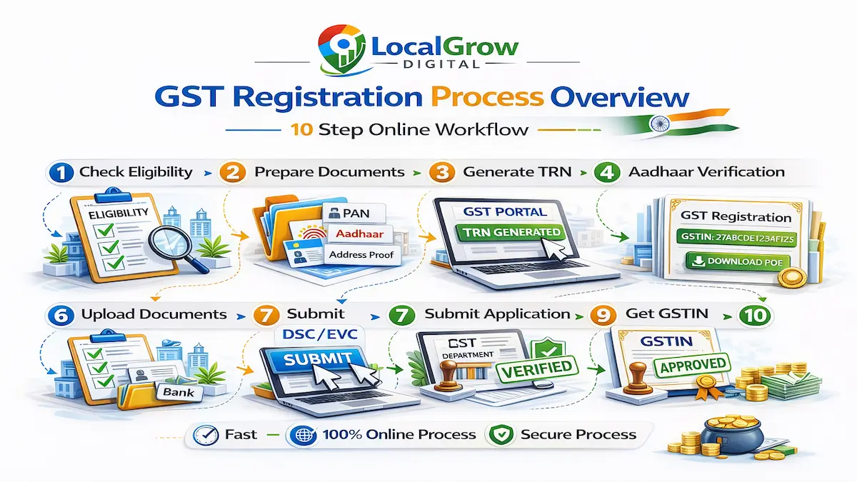 GST registration online process in India overview showing eligibility check, document preparation, TRN generation, Aadhaar verification and GSTIN approval