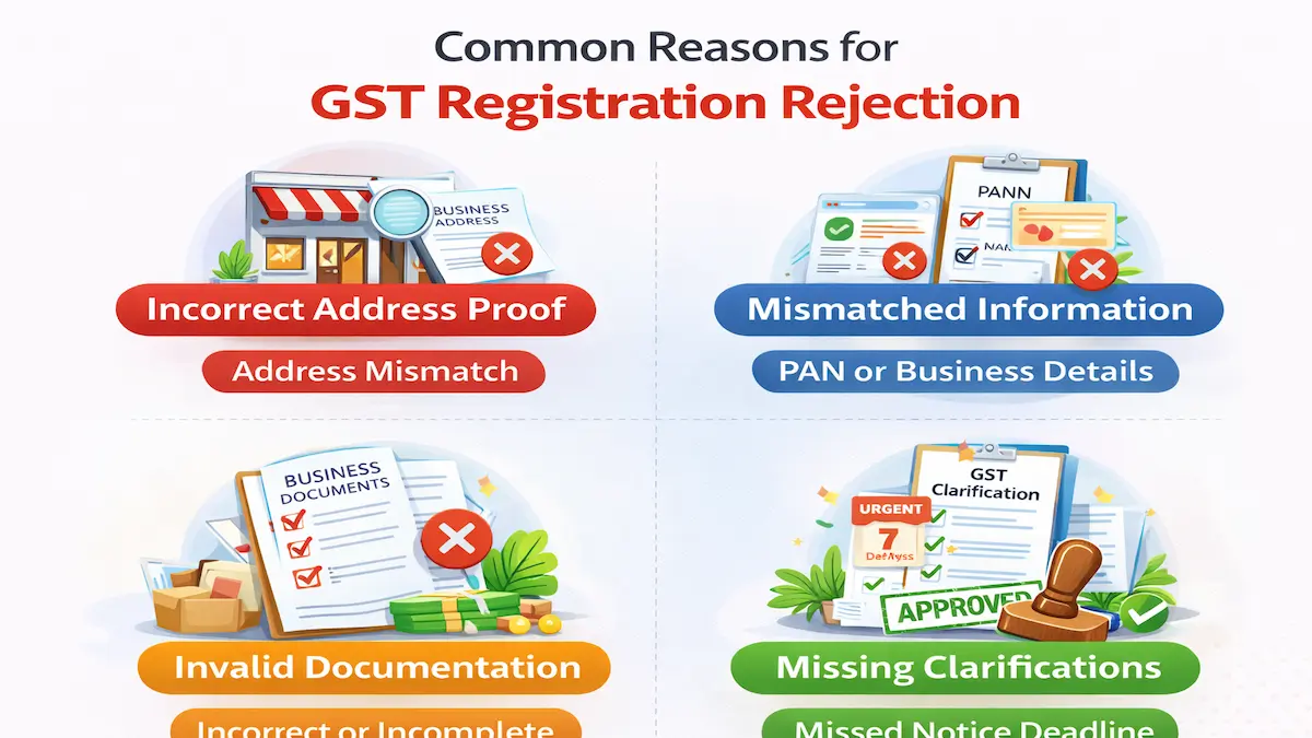 Common GST rejection reasons infographic grid