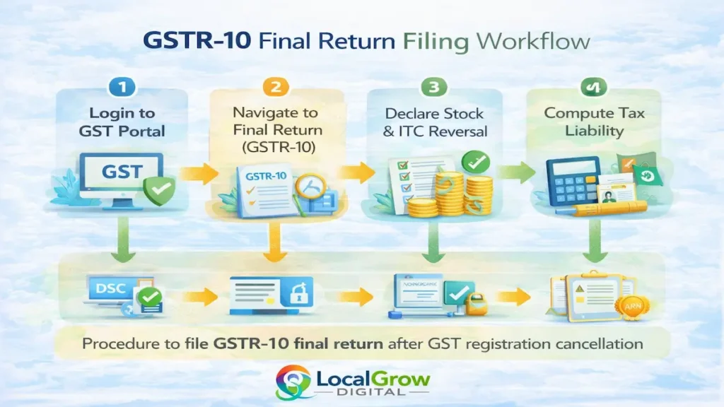 GSTR-10 final return filing workflow after GST registration cancellation including stock declaration ITC reversal tax liability calculation and submission process