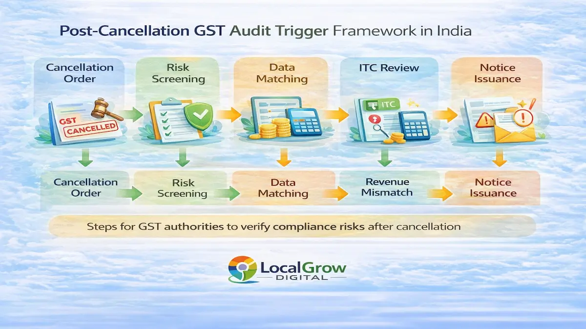 Post cancellation GST audit trigger framework in India showing officer verification process including risk screening data matching ITC review revenue mismatch detection and notice issuance