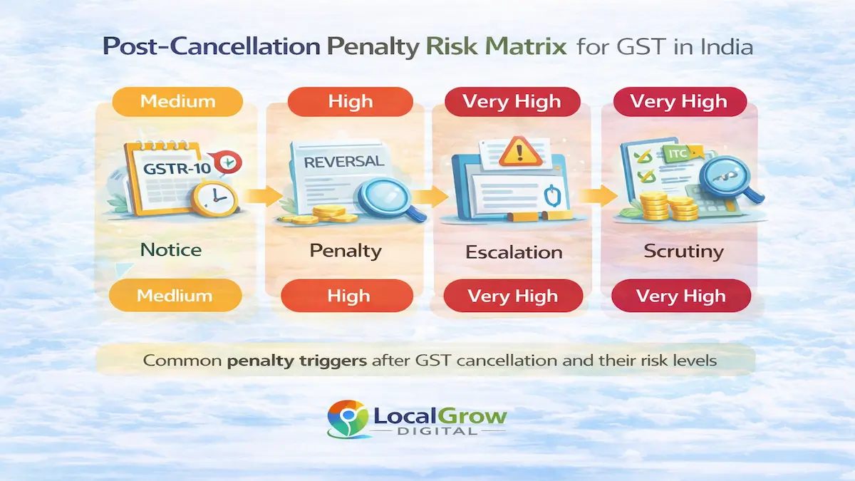 Post cancellation GST penalty risk matrix in India showing GSTR-10 delay ITC reversal errors non response to notice escalation and scrutiny risk levels