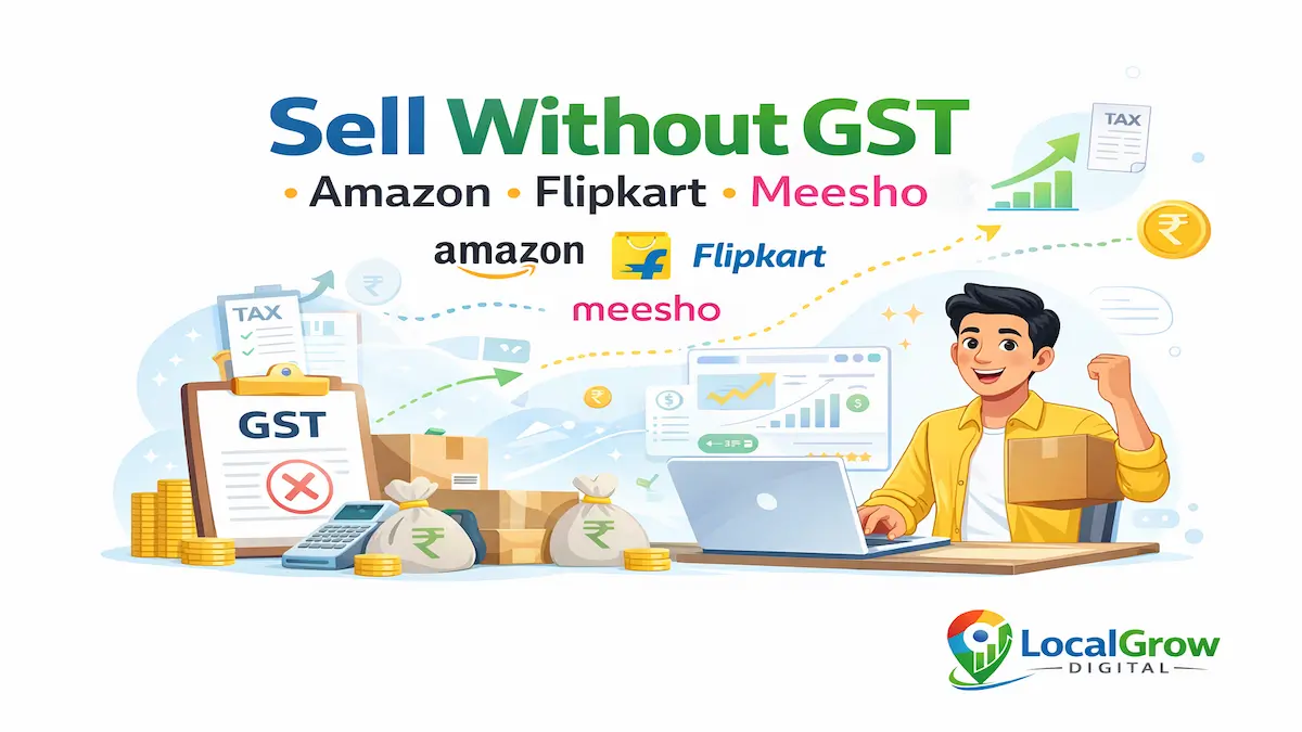 Feature infographic explaining whether sellers can legally sell without GST on Amazon Flipkart and Meesho including threshold and compulsory registration triggers. Sell without GST on Amazon Flipkart Meesho India legal guide infographic