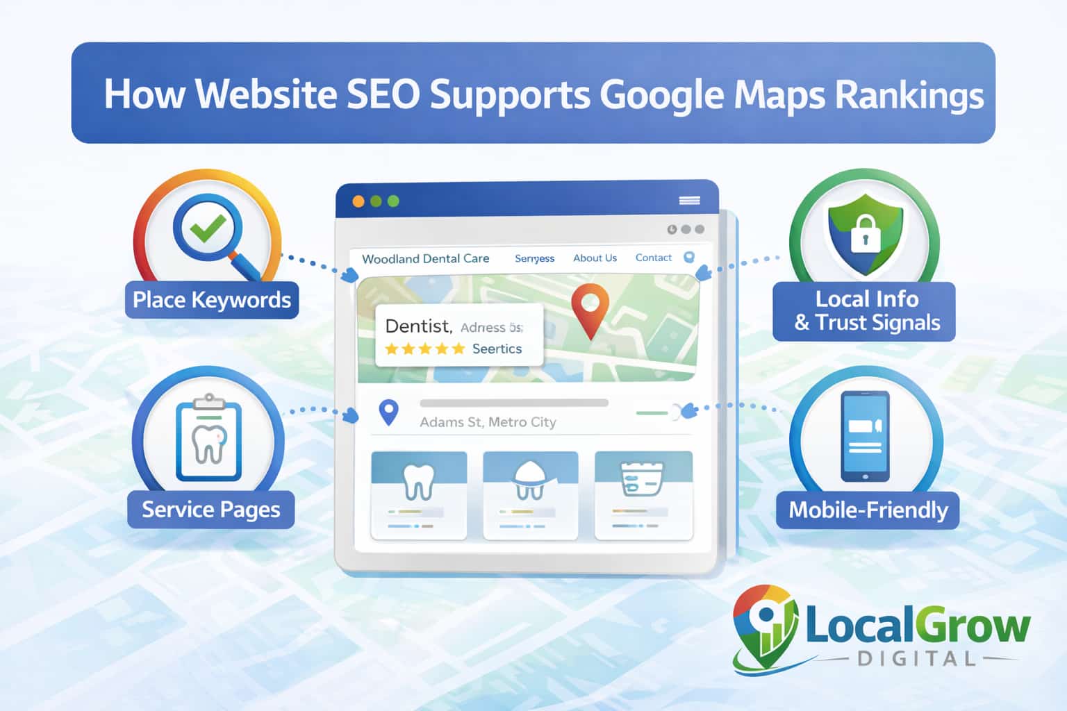Website SEO supports Google Maps rankings through local keywords, service pages, and trust signals