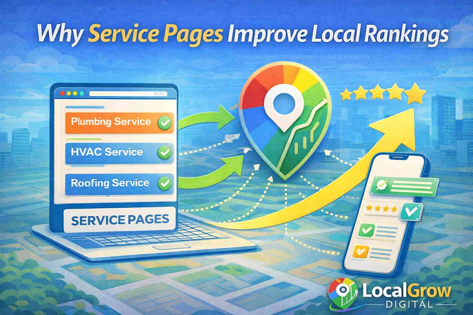 Service pages improving Google Maps rankings through website SEO

