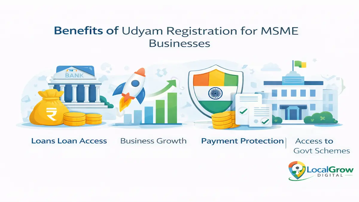 infographic showing key benefits of Udyam registration for MSME businesses in India including easier access to loans government schemes protection against delayed payments and procurement advantages