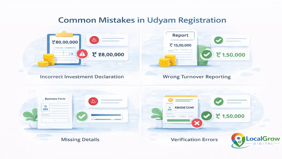infographic showing common mistakes in Udyam registration such as incorrect investment declaration wrong turnover reporting and missing business details during MSME registration in India