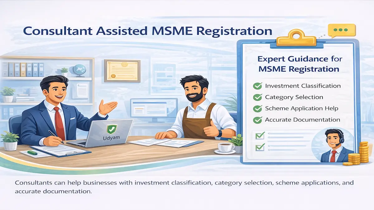 consultant assisted MSME registration illustration showing business owner getting expert help for Udyam registration process and documentation in India
