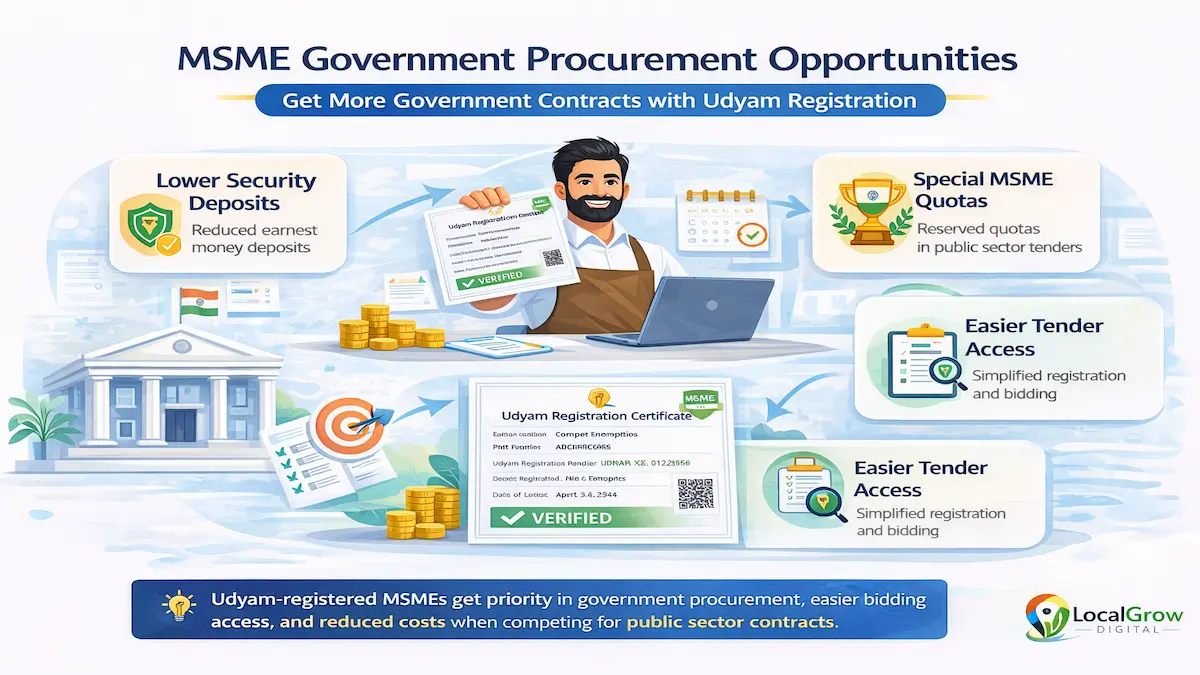 government tender benefits for MSME businesses showing how Udyam registration helps enterprises participate in procurement, get tender advantages, and win contracts in India