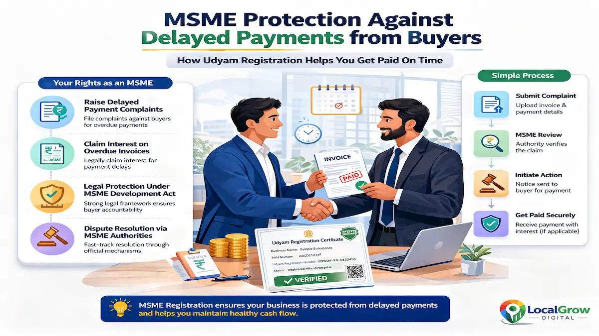MSME delayed payment protection illustration showing how Udyam registration helps businesses claim overdue payments, charge interest, and resolve disputes under MSME Act in India