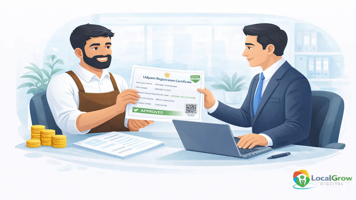 MSME loan eligibility illustration showing a business owner submitting Udyam registration certificate to a bank officer for loan approval under government MSME schemes in India