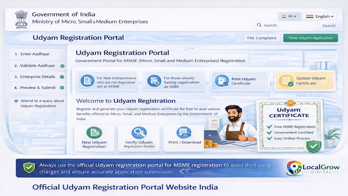 official Udyam registration portal website interface India showing MSME registration page for business registration and certificate download