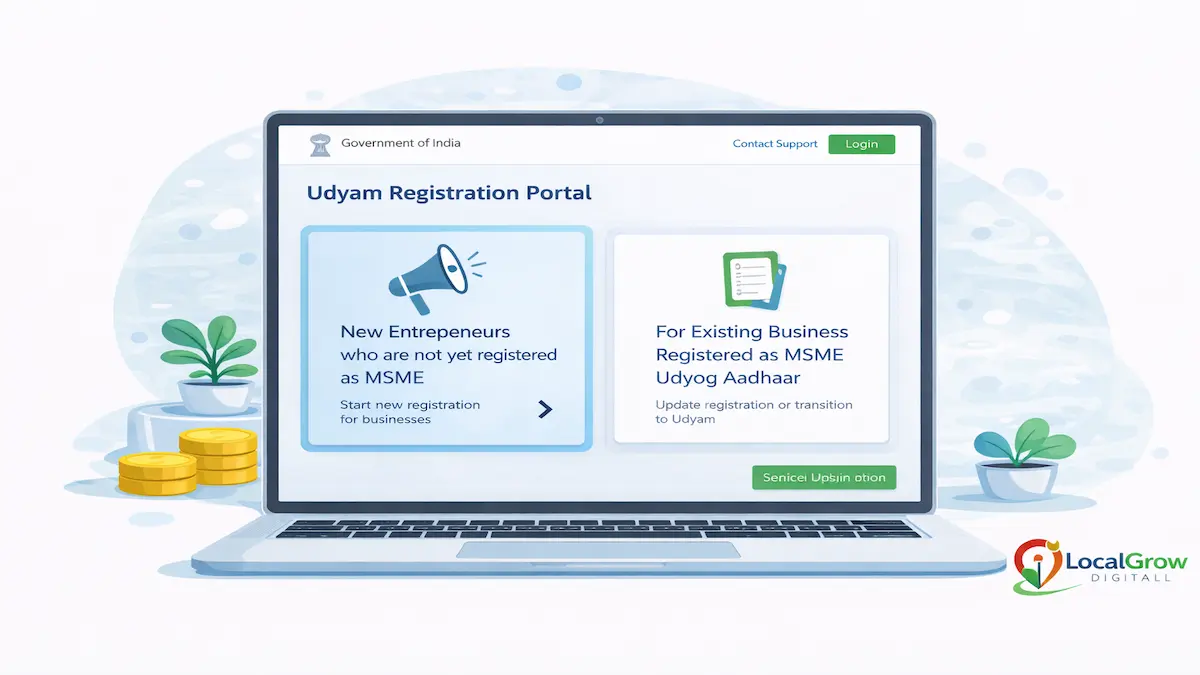 illustration showing Udyam registration portal option for new entrepreneurs who are not yet registered as MSME selecting registration option online in India