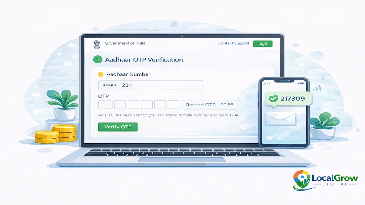illustration showing Aadhaar OTP verification process in Udyam registration where businesses enter Aadhaar number and verify identity using one time password for MSME registration in India
