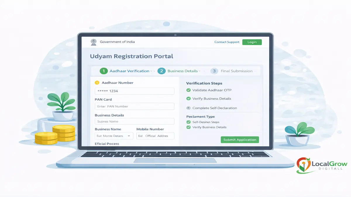 illustration of Udyam registration application form screen showing Aadhaar PAN and business details entry process for MSME registration in India