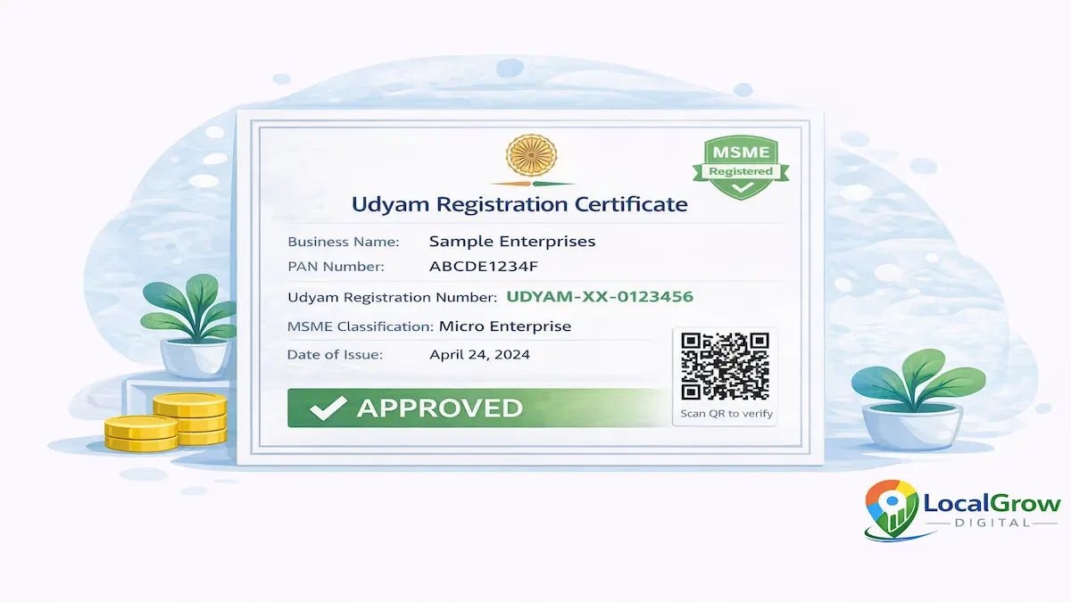 illustration showing Udyam registration certificate with registration number MSME classification and QR code issued after successful MSME registration in India