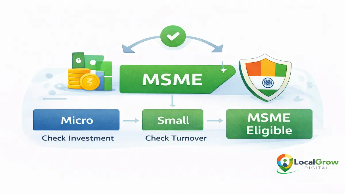 flowchart explaining eligibility criteria for Udyam registration in India showing how businesses qualify as MSME based on investment in plant and machinery and annual turnover limits under MSME classification rules