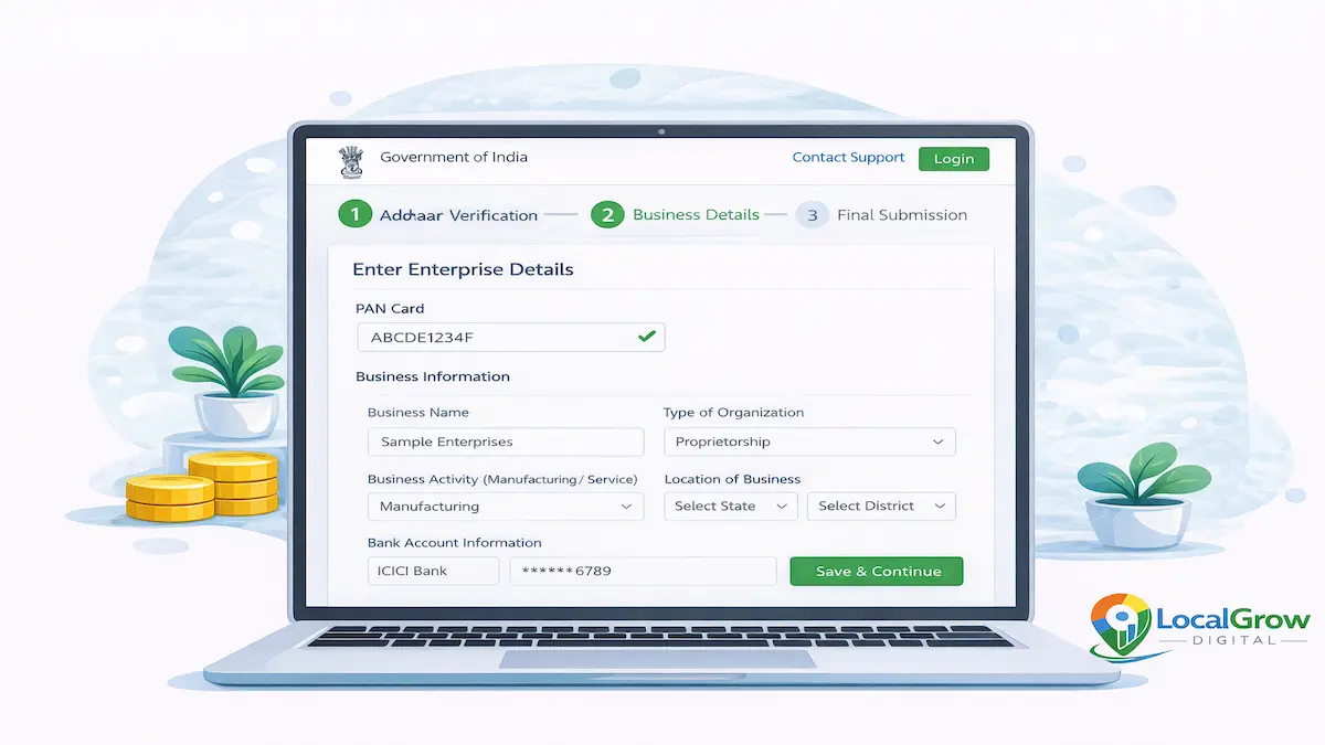 illustration showing enterprise details entry screen in Udyam registration where businesses enter PAN number business name type of organization activity and bank details for MSME registration in India