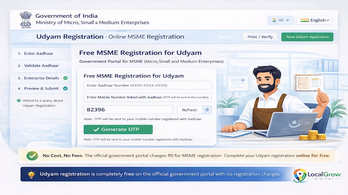 official Udyam registration government portal interface showing free MSME registration process in India without any government fees