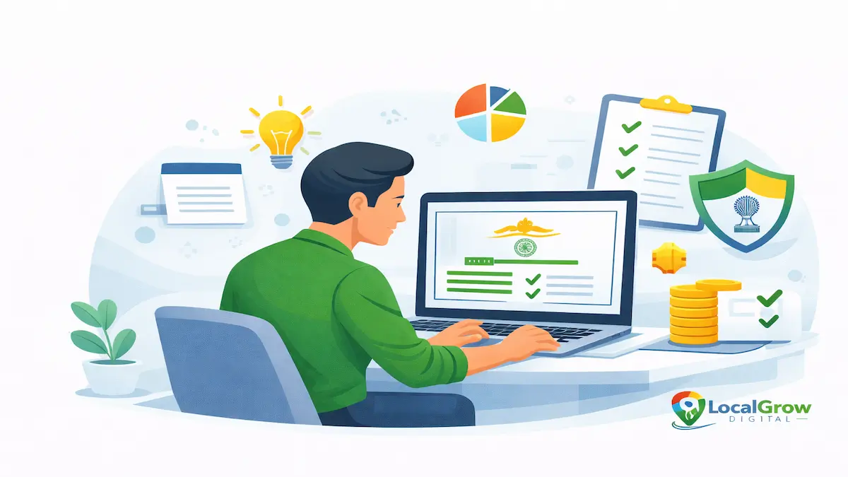 illustration showing an Indian business owner completing Udyam registration online through the official MSME portal dashboard using Aadhaar authentication and enterprise details for MSME registration in India