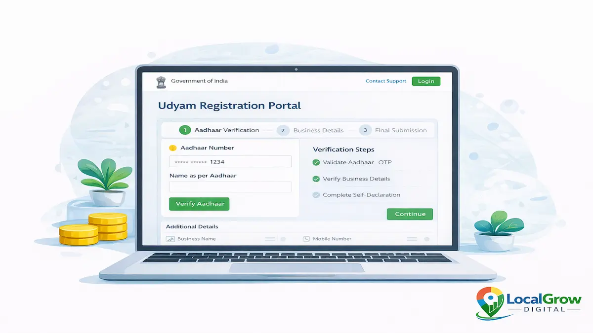 illustration showing Udyam registration portal homepage interface where businesses in India start MSME registration online using Aadhaar authentication and enterprise details