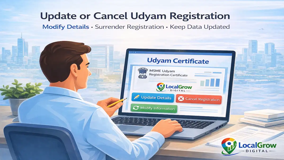 update or cancel udyam registration india showing msme certificate modification surrender process and business data update on portal